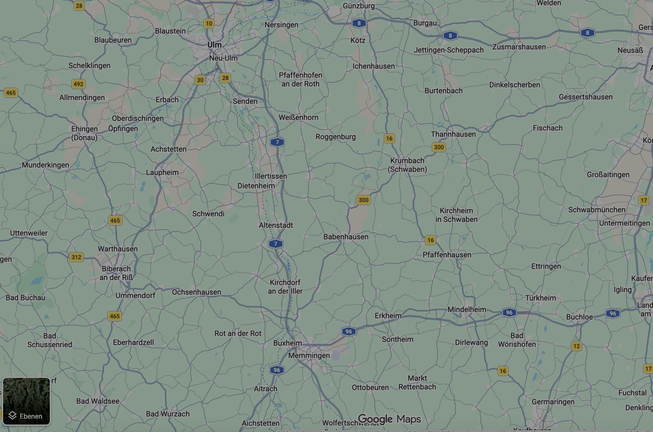 Karte der Region Babenhausen, Ulm, Memmingen, Mindelheim, Krumbach, Illertissen und Günzburg